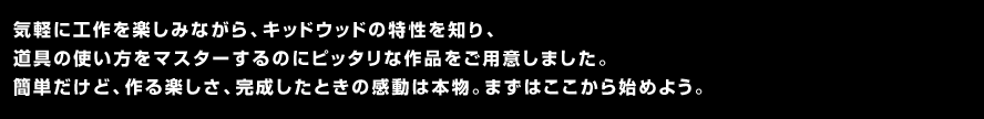 気軽に工作を楽しみながら、キッドウッドの特性を知り、道具の使い方をマスターするのにピッタリな作品をご用意しました。簡単だけど、作る楽しさ、完成したときの感動は本物。まずはここから始めよう。