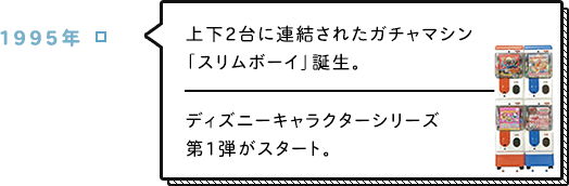 1995年 上下2台に連結されたガチャマシン「スリムボーイ」誕生。ディズニーキャラクターシリーズ第1弾がスタート。